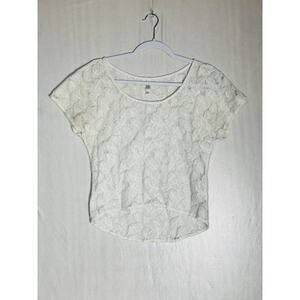 Y2K Ivory Sheer Floral Lace Baby Tee Fairy Grunge Balletcore Coquette Top Sz S